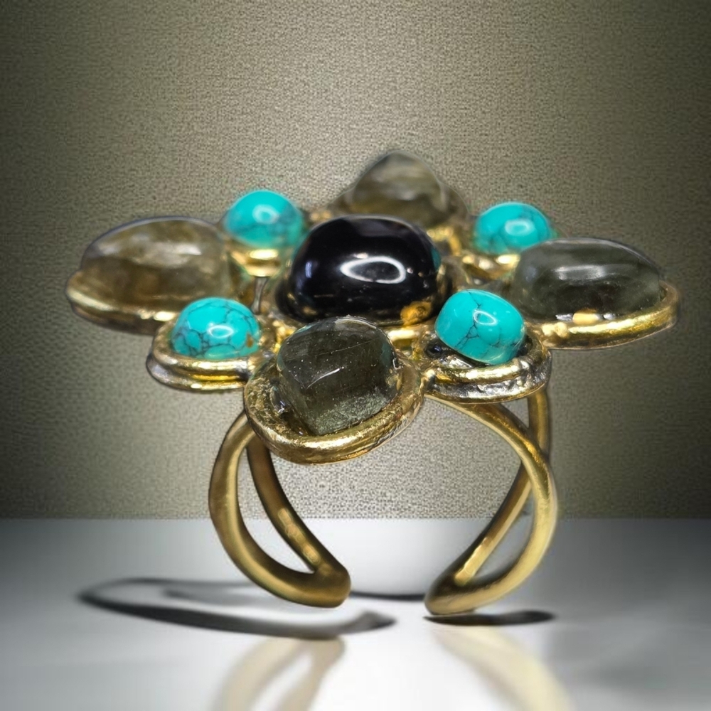 18k Gold Plated Maltese Cross Genuine Turquoise Labradorite Onyx Gemstone Ring - Picture 3 of 6